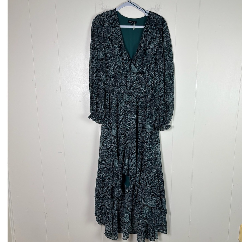1.STATE Snakeskin‎ Print Maxi Dress Long Sleeve Ruffle Hem XS